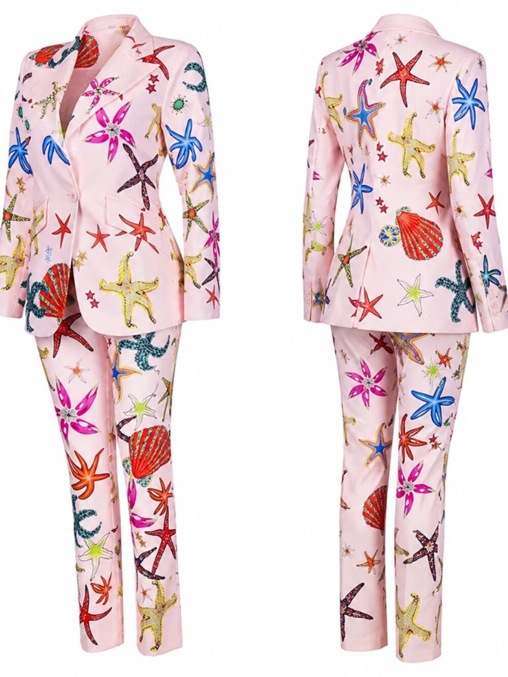 Designer Sea Life Print Blazer & Pants Two-Piece Set
